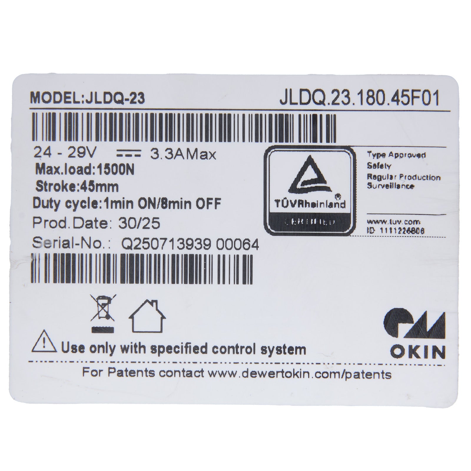 Product label with technical specifications and branding on a white background