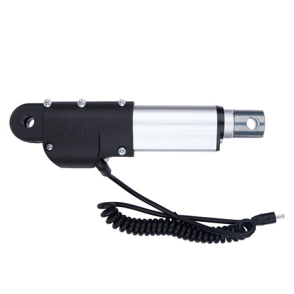 Black and silver actuator with coiled cable on a white background
