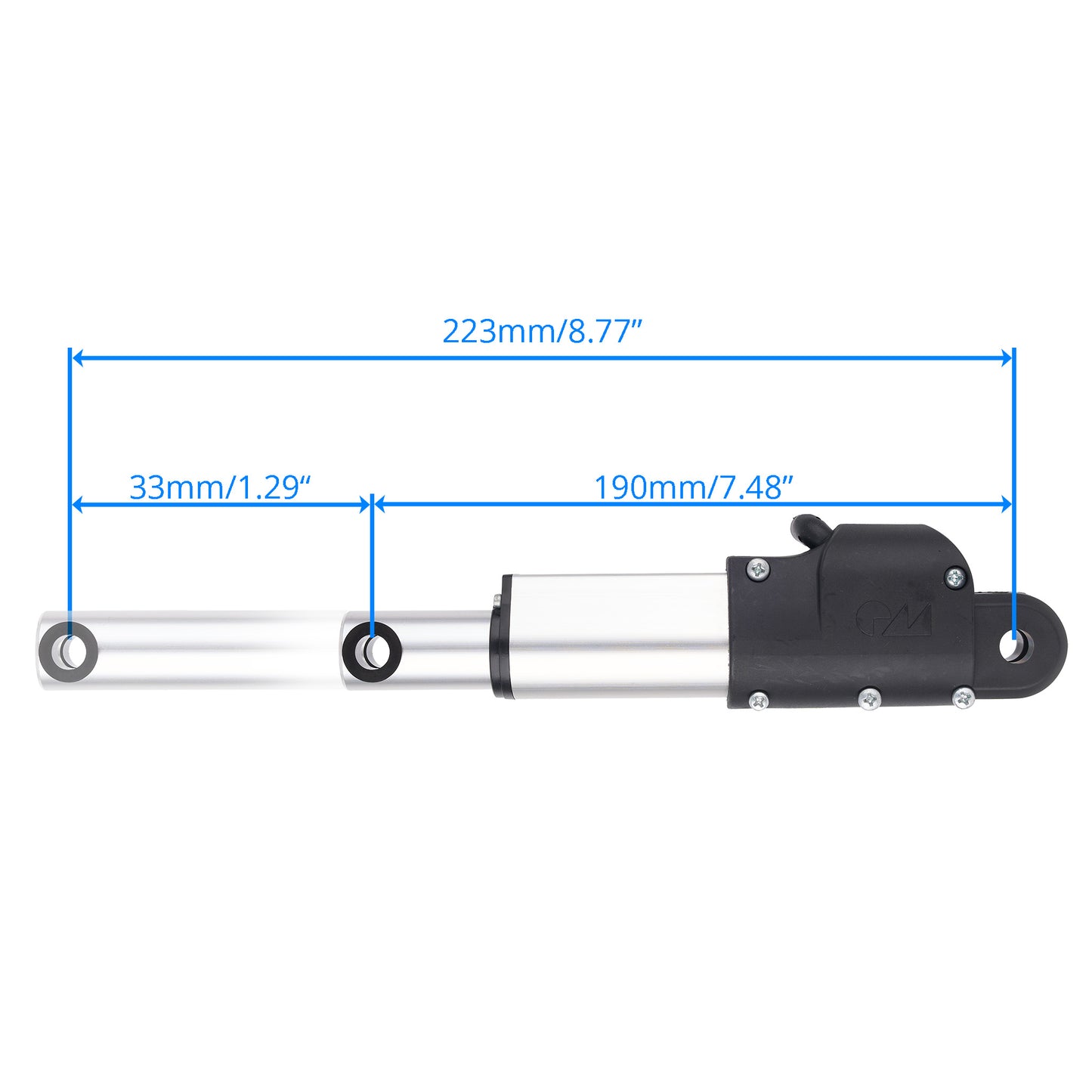 A silver cylindrical metal rod with a black end cap and mounting hardware, shown on a white background with blue dimension lines and measurements labeled 223mm/8.77", 33mm/1.