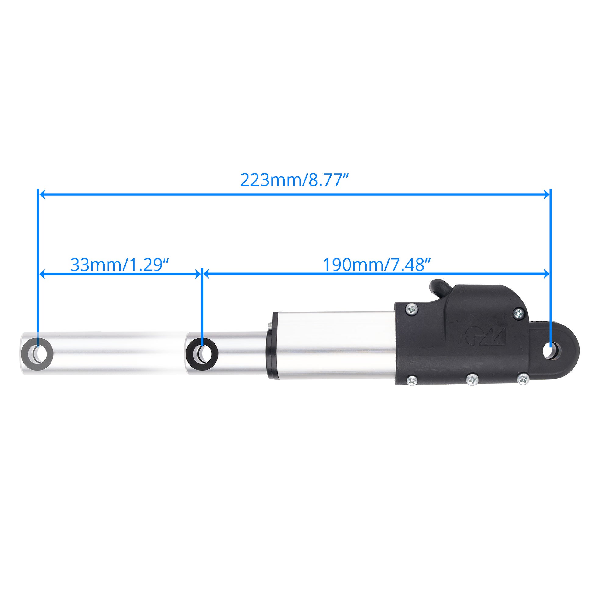 A silver cylindrical metal rod with a black end cap and mounting hardware, shown on a white background with blue dimension lines and measurements labeled 223mm/8.77", 33mm/1.
