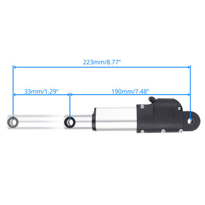 A silver cylindrical metal rod with a black end cap and mounting hardware, shown on a white background with blue dimension lines and measurements labeled 223mm/8.77", 33mm/1.