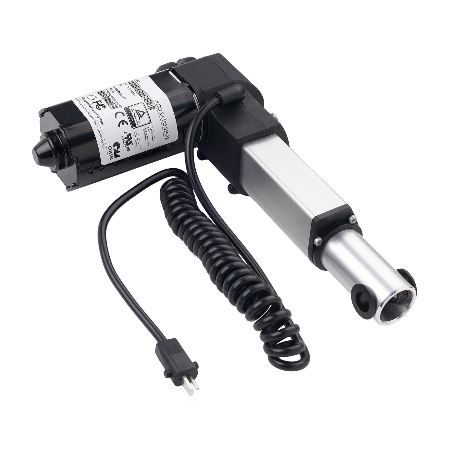 A linear electric actuator with a black motor housing, silver metal rod, black coiled cable, and power plug, shown on a white background.