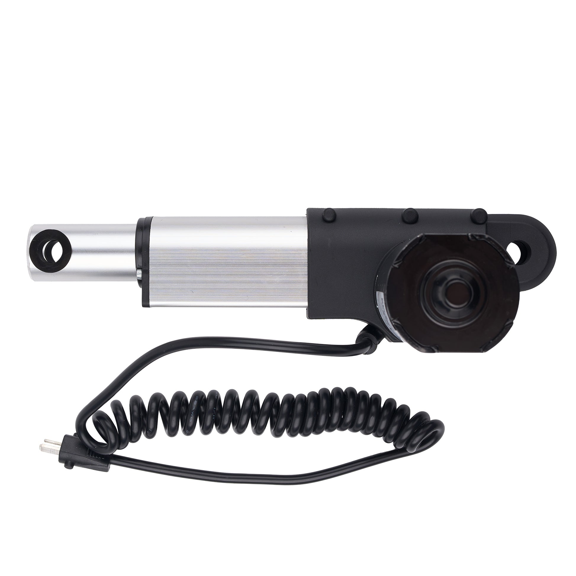 An electric linear hydraulic cylinder with a black and silver body, featuring a coiled black power cable, shown against a plain white background.