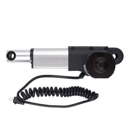 An electric linear hydraulic cylinder with a black and silver body, featuring a coiled black power cable, shown against a plain white background.
