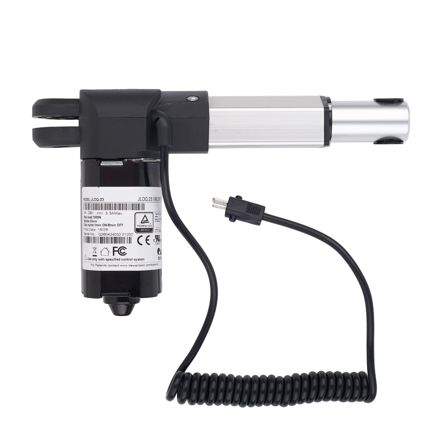 A linear electric actuator with a black and silver motor housing, a coiled black power cable, and a silver metal rod, shown against a plain white background.