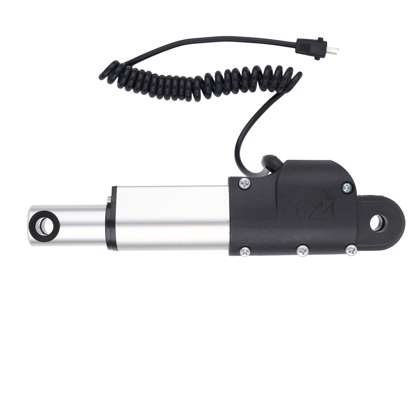 A linear electric motor with a silver aluminum cylinder body, a black plastic housing, and a black coiled safety cord with a plug, shown on a plain white background.