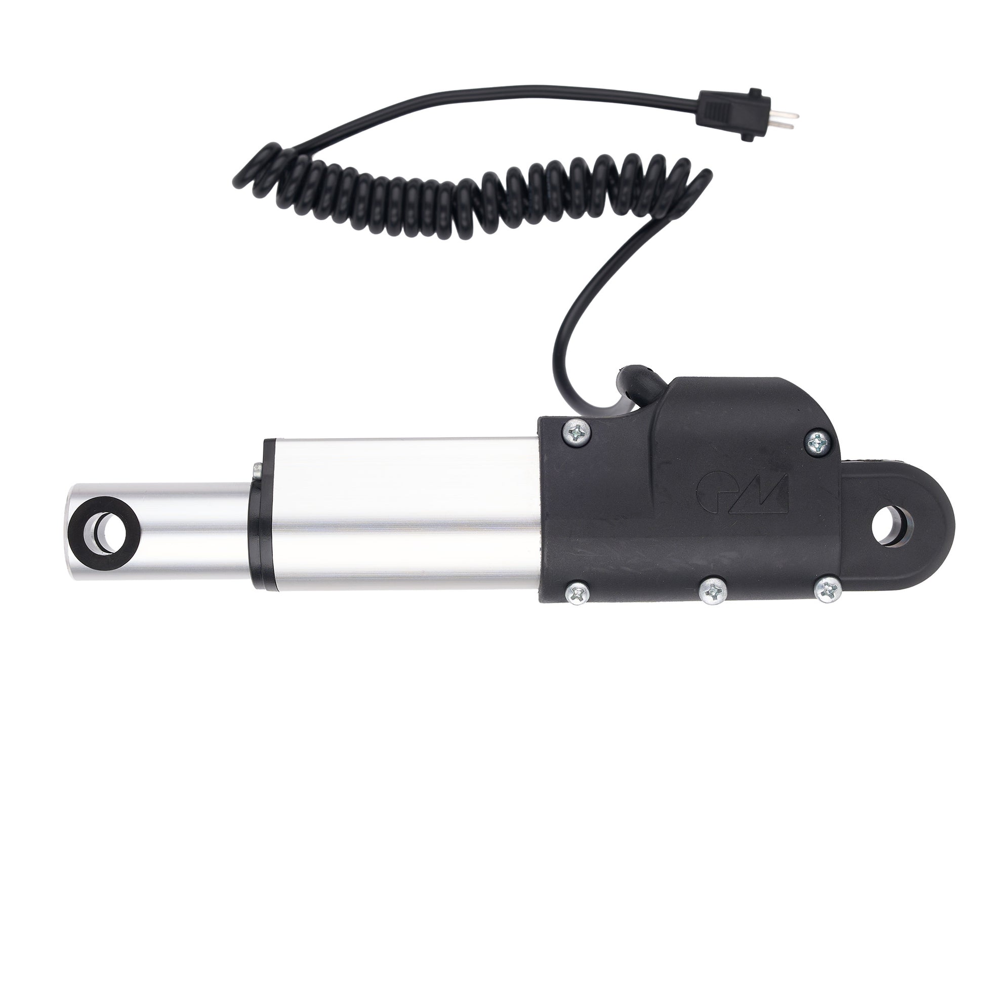 A linear electric motor with a silver aluminum cylinder body, a black plastic housing, and a black coiled safety cord with a plug, shown on a plain white background.