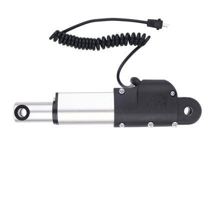 A linear electric motor with a silver aluminum cylinder body, a black plastic housing, and a black coiled safety cord with a plug, shown on a plain white background.