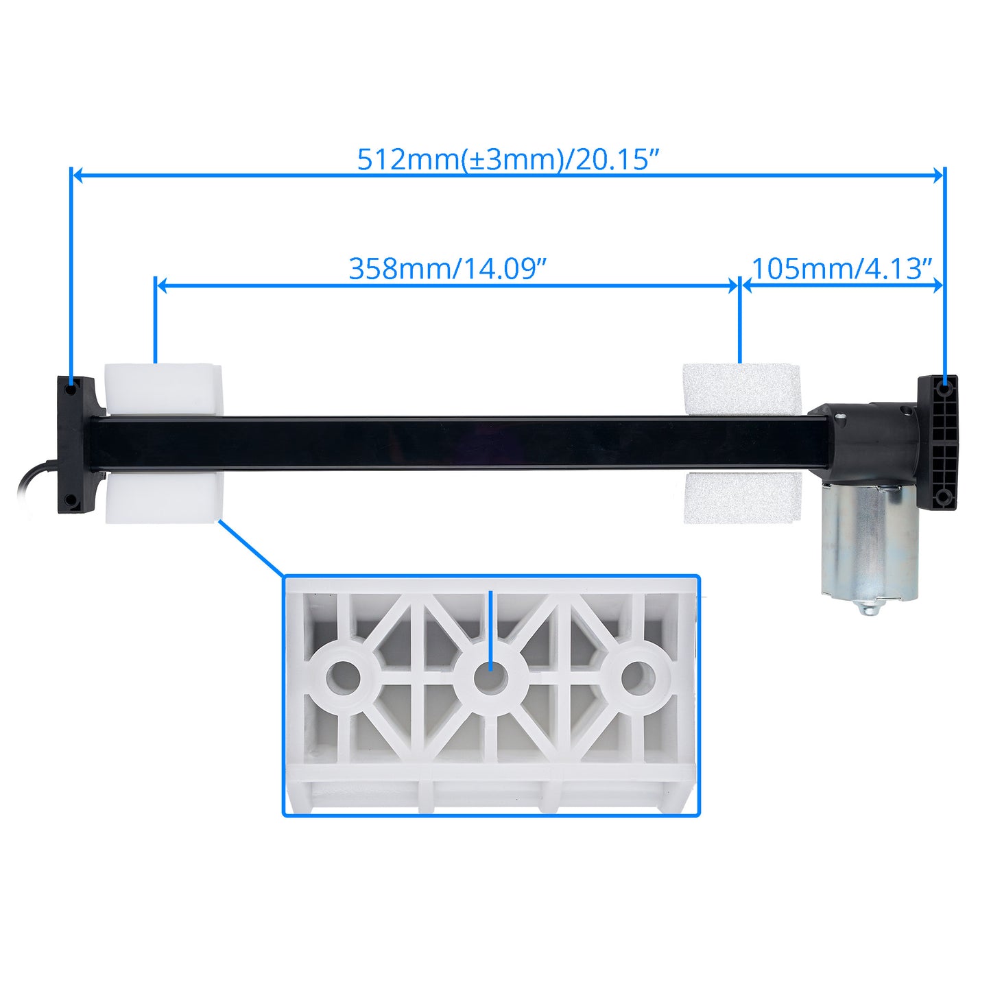 A black rectangular mechanical component with white mounting blocks and a small silver cylindrical part, shown on a white background with blue dimension lines and a white inset detail of a geometric white insert.