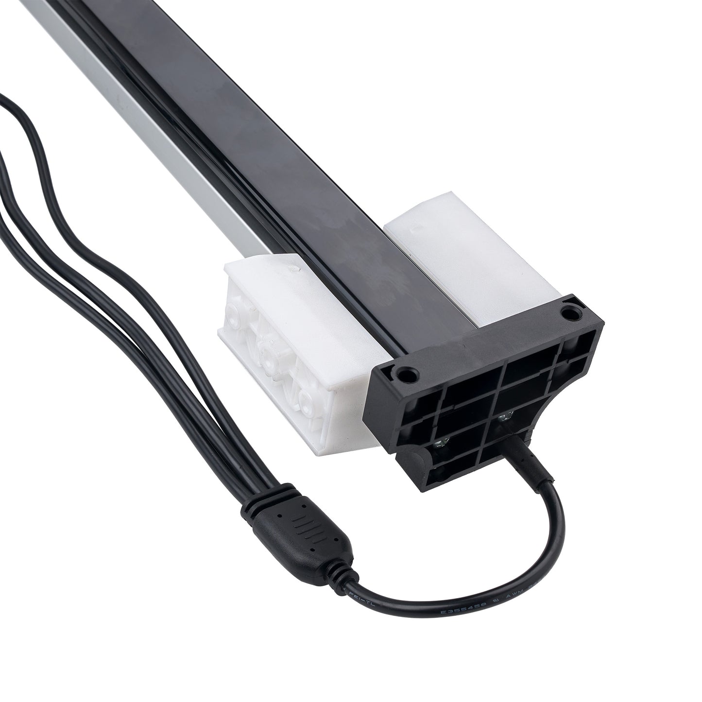 A black linear aquarium light fixture with a white diffuser and a black power connector, shown on a solid white background.
