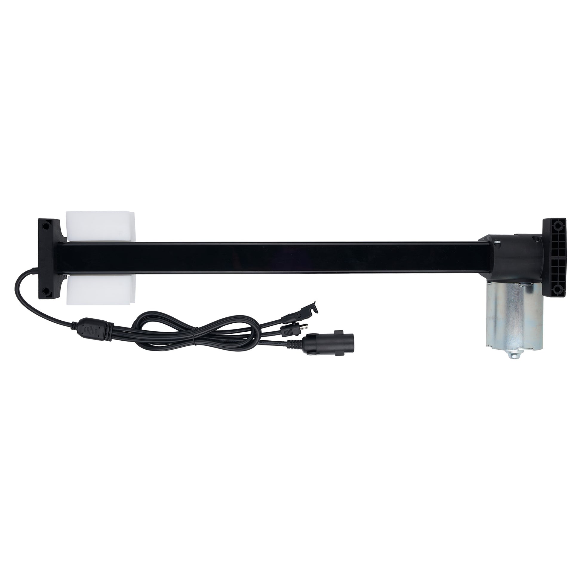 Black electric garage door opener motor arm with a black power cable and white mounting brackets, shown against a plain white background.