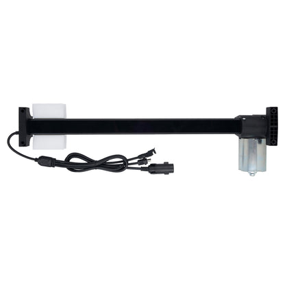 Black electric garage door opener motor arm with a black power cable and white mounting brackets, shown against a plain white background.