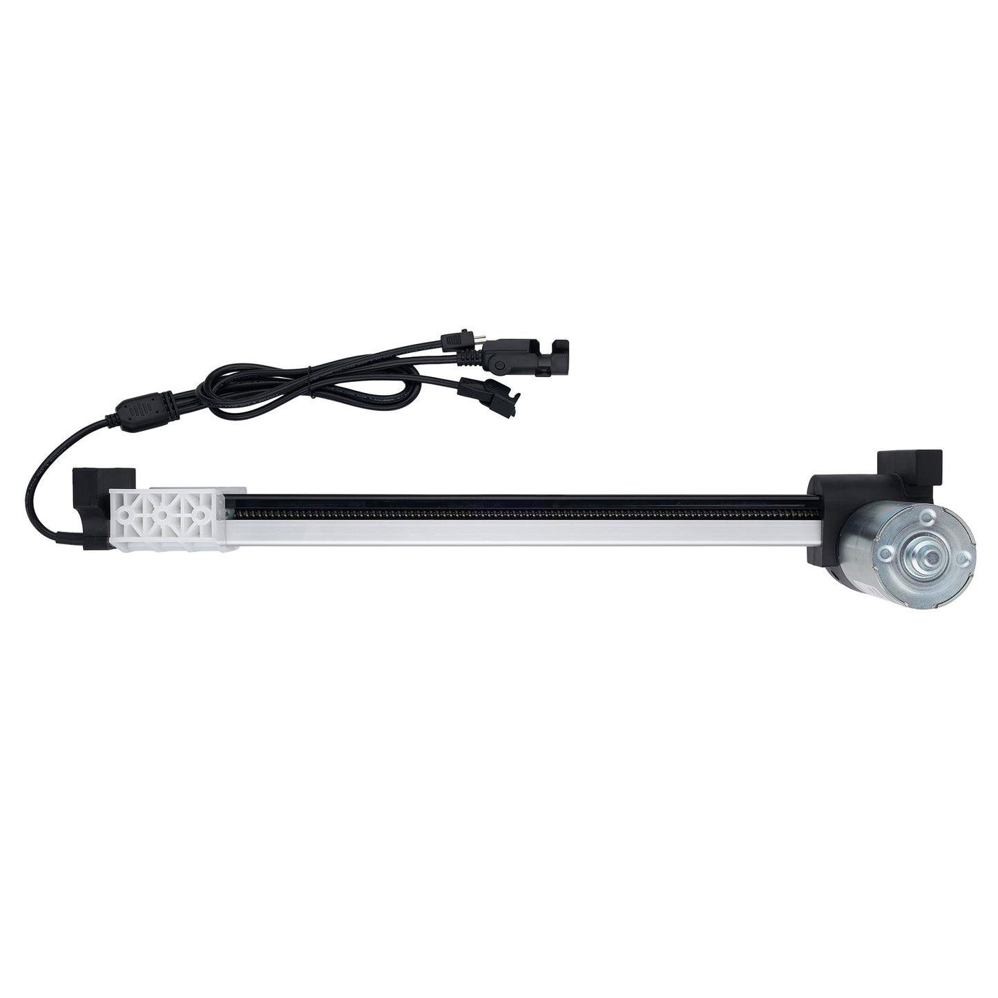 A linear electric slide rail assembly with a black cable, black end brackets, a silver metal rod, and a silver motor, shown against a plain white background.