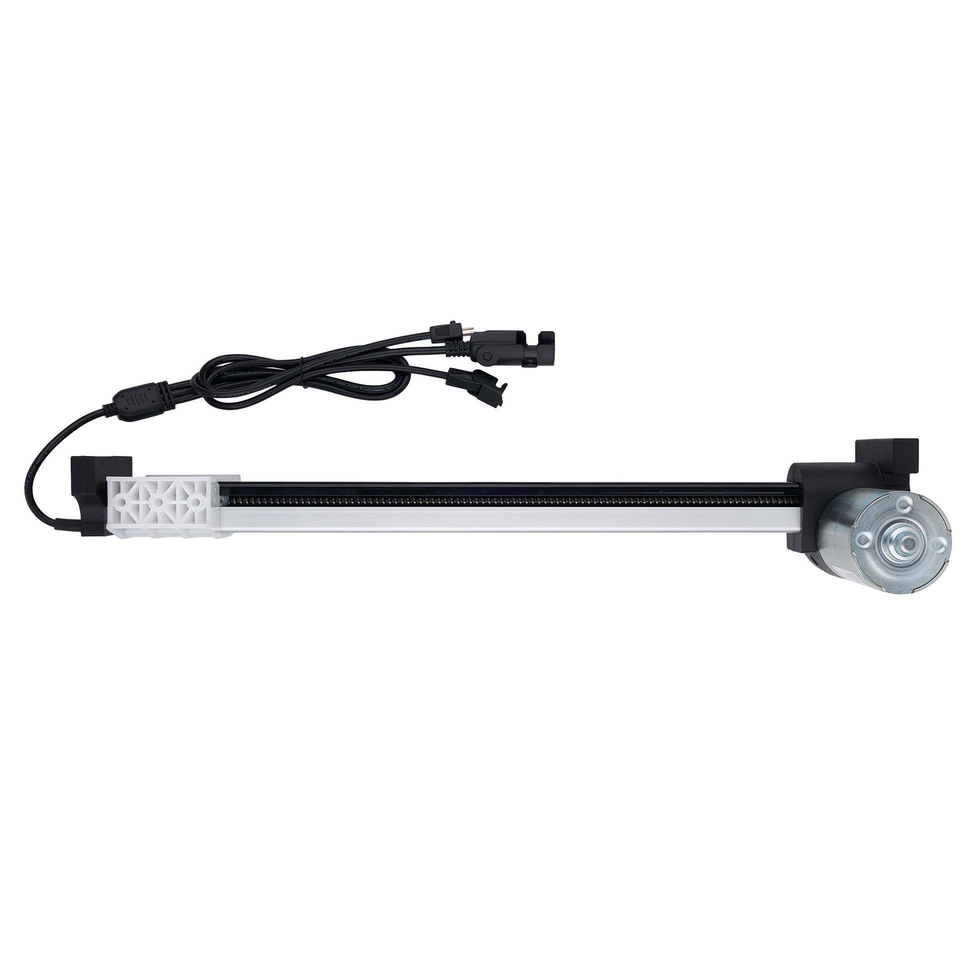 A linear electric slide rail assembly with a black cable, black end brackets, a silver metal rod, and a silver motor, shown against a plain white background.