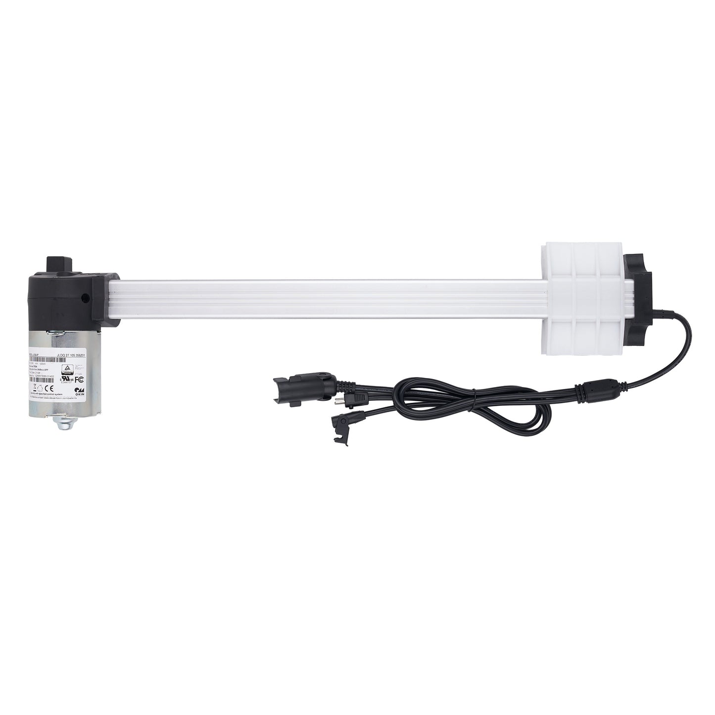 A linear motor slide rail assembly with a white ribbed rail, black end caps, a silver motor unit on the left, and a black power cable on the right, shown against a plain white background.