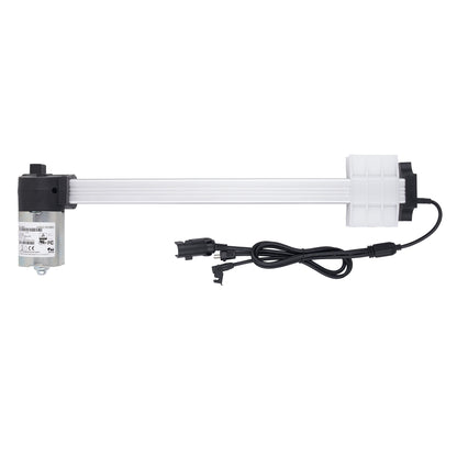 A linear motor slide rail assembly with a white ribbed rail, black end caps, a silver motor unit on the left, and a black power cable on the right, shown against a plain white background.