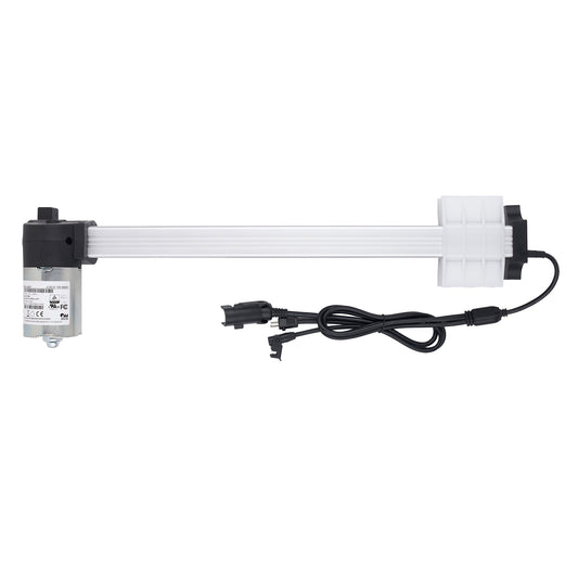 A linear motor slide rail assembly with a white ribbed rail, black end caps, a silver motor unit on the left, and a black power cable on the right, shown against a plain white background.