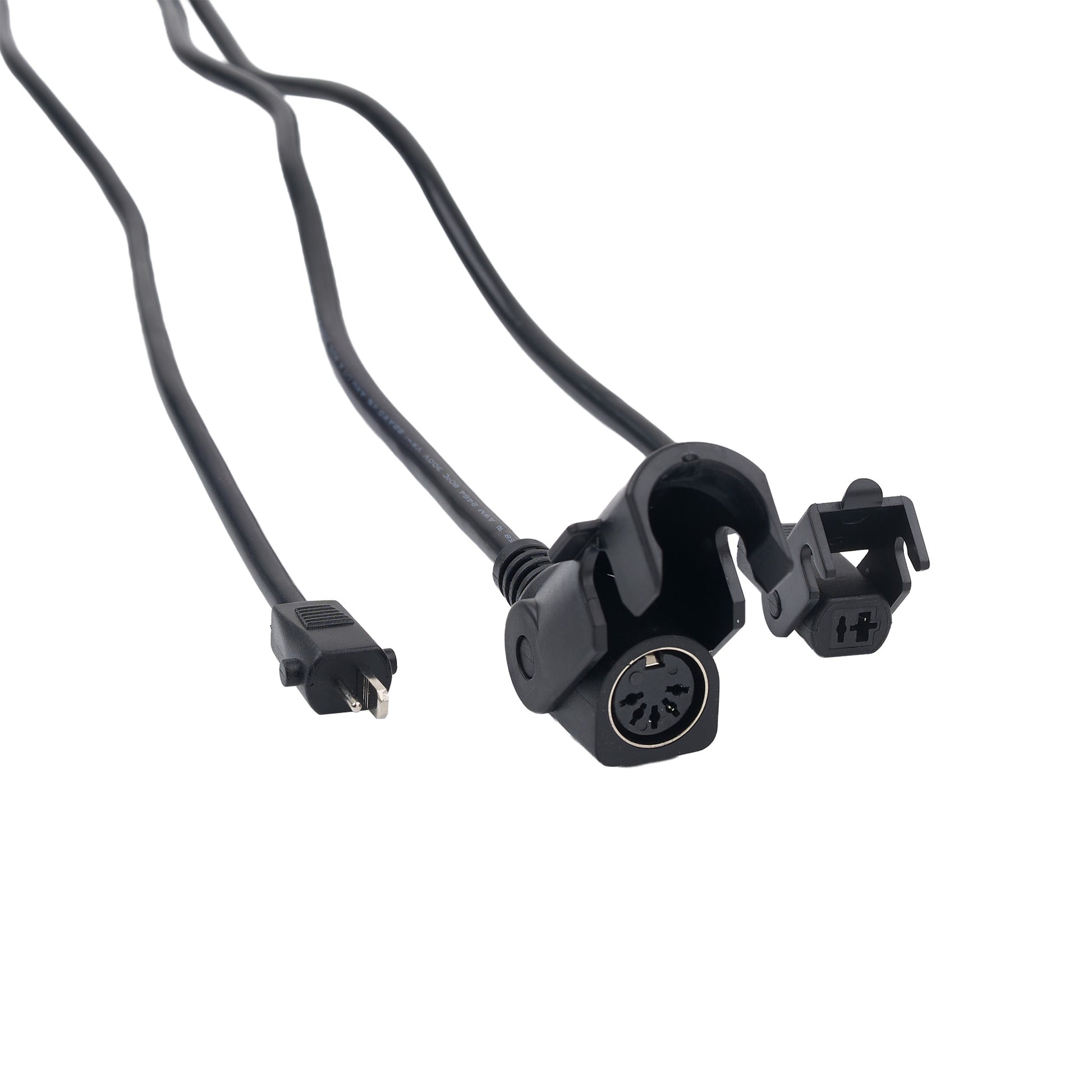 Black electrical adapter cable with a plug connector on one end and two clamp-style connector ends on the other, shown on a plain white background.
