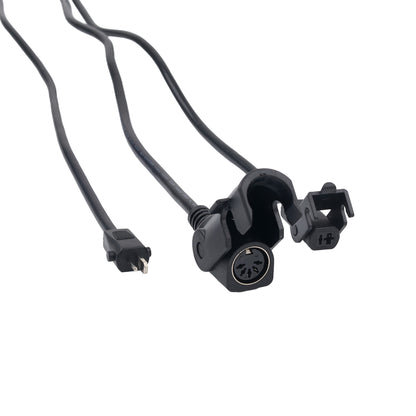 Black electrical adapter cable with a plug connector on one end and two clamp-style connector ends on the other, shown on a plain white background.