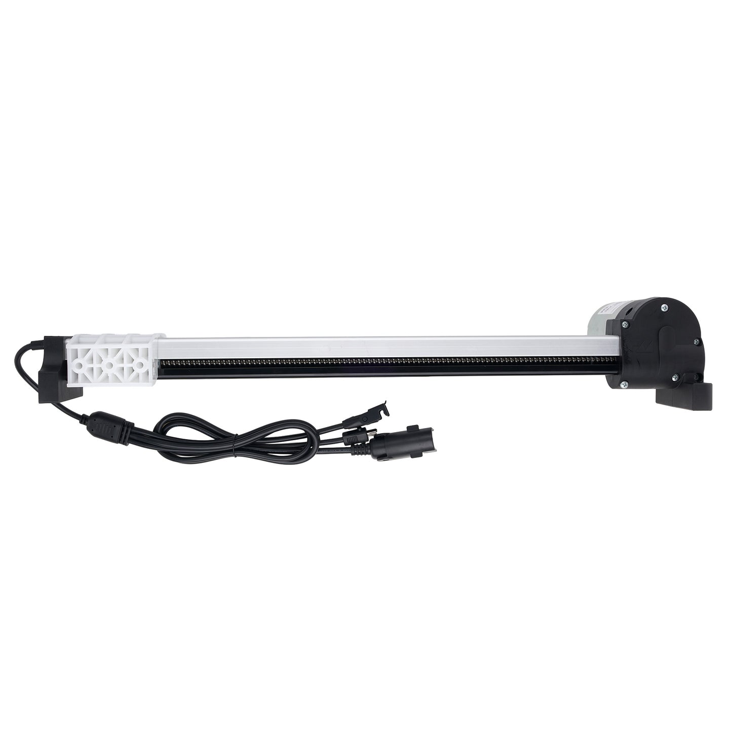 A linear motion guide rail assembly with a black and white rail, featuring a white plastic end bracket, a black motor housing, and an attached black power cable with connectors, shown on a plain white background.