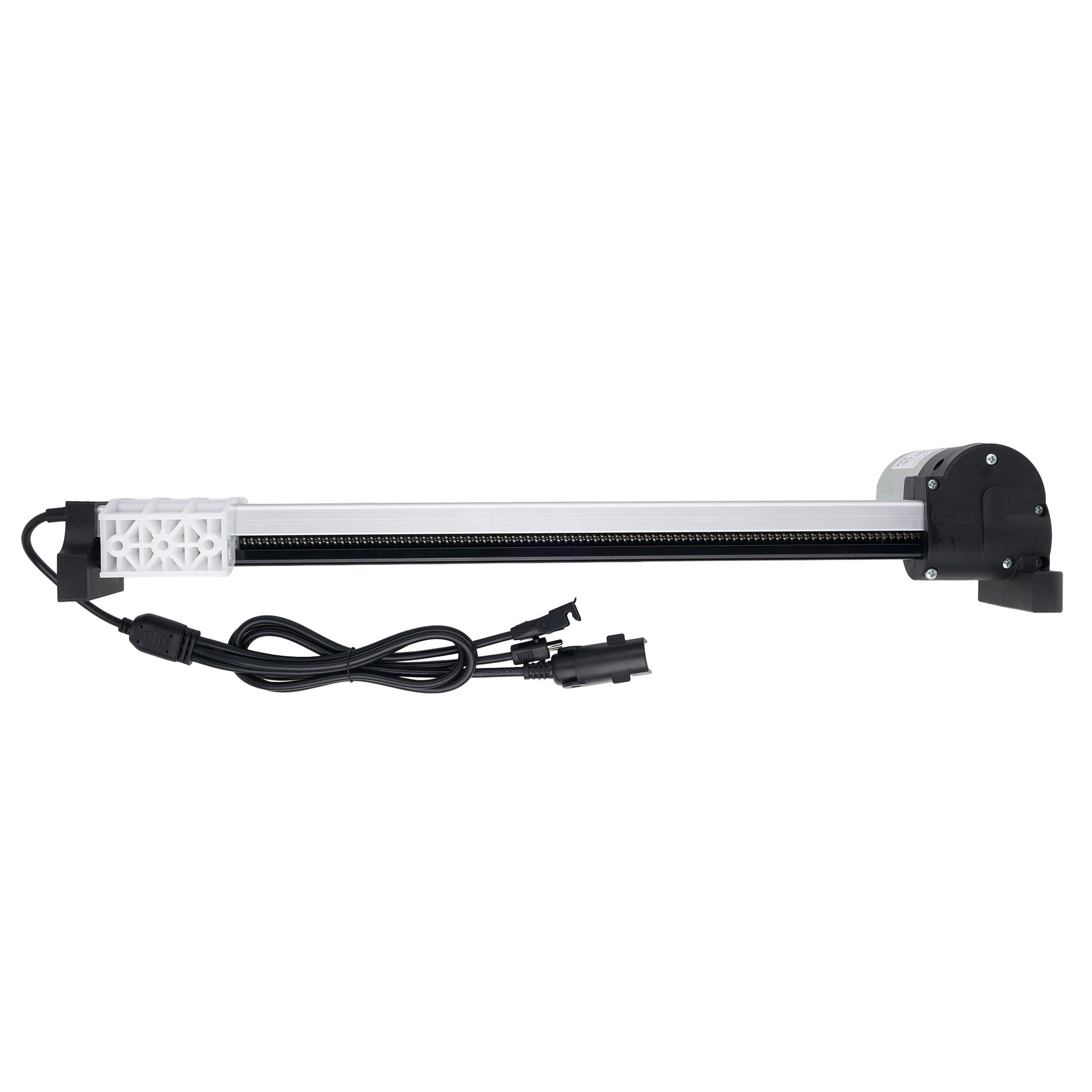 A linear motion guide rail assembly with a black and white rail, featuring a white plastic end bracket, a black motor housing, and an attached black power cable with connectors, shown on a plain white background.