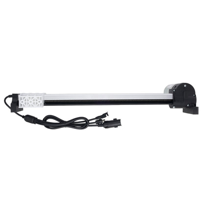 A linear motion guide rail assembly with a black and white rail, featuring a white plastic end bracket, a black motor housing, and an attached black power cable with connectors, shown on a plain white background.