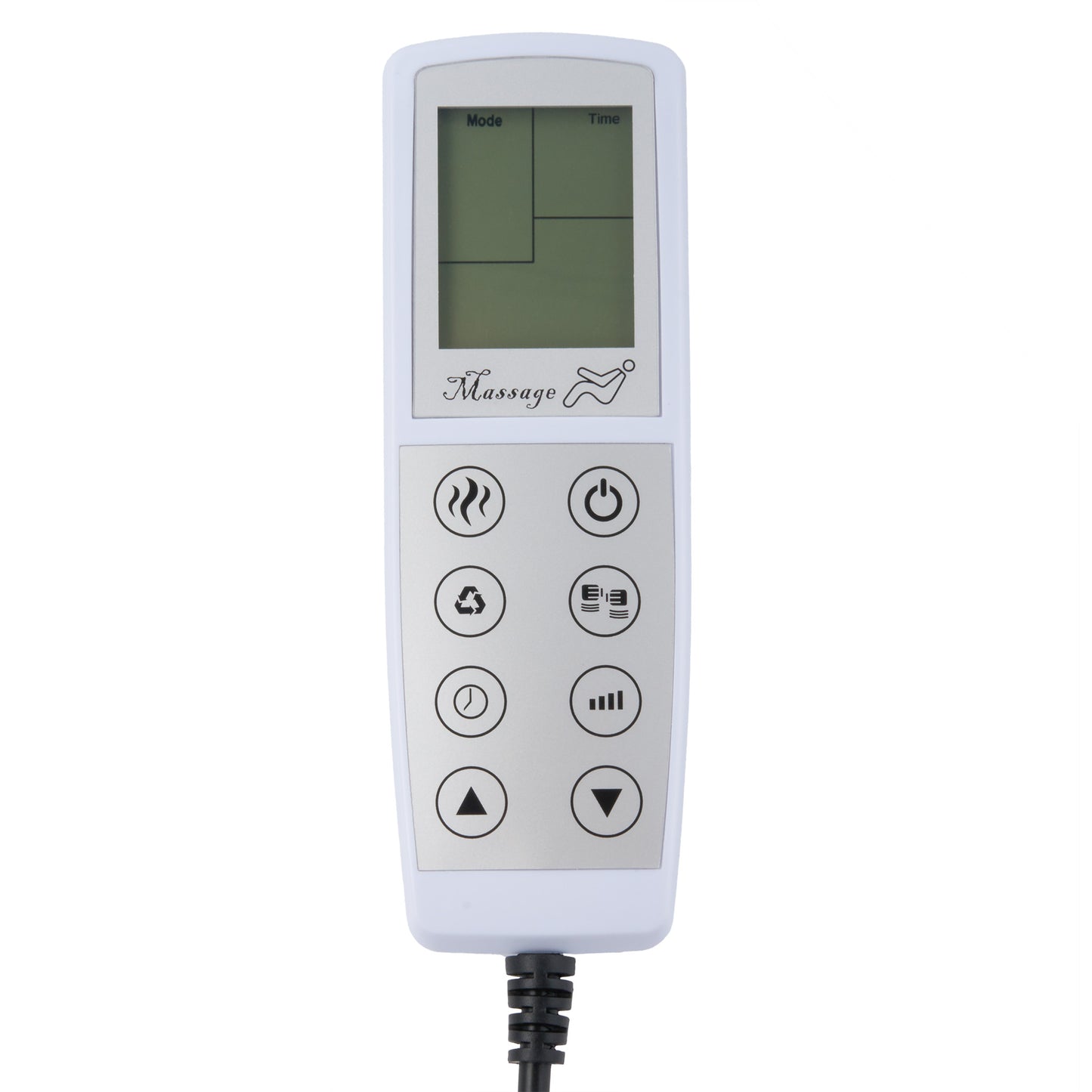A white handheld electronic massage controller with a small LCD screen and six circular buttons, shown on a plain white background with a black power cord extending downward.