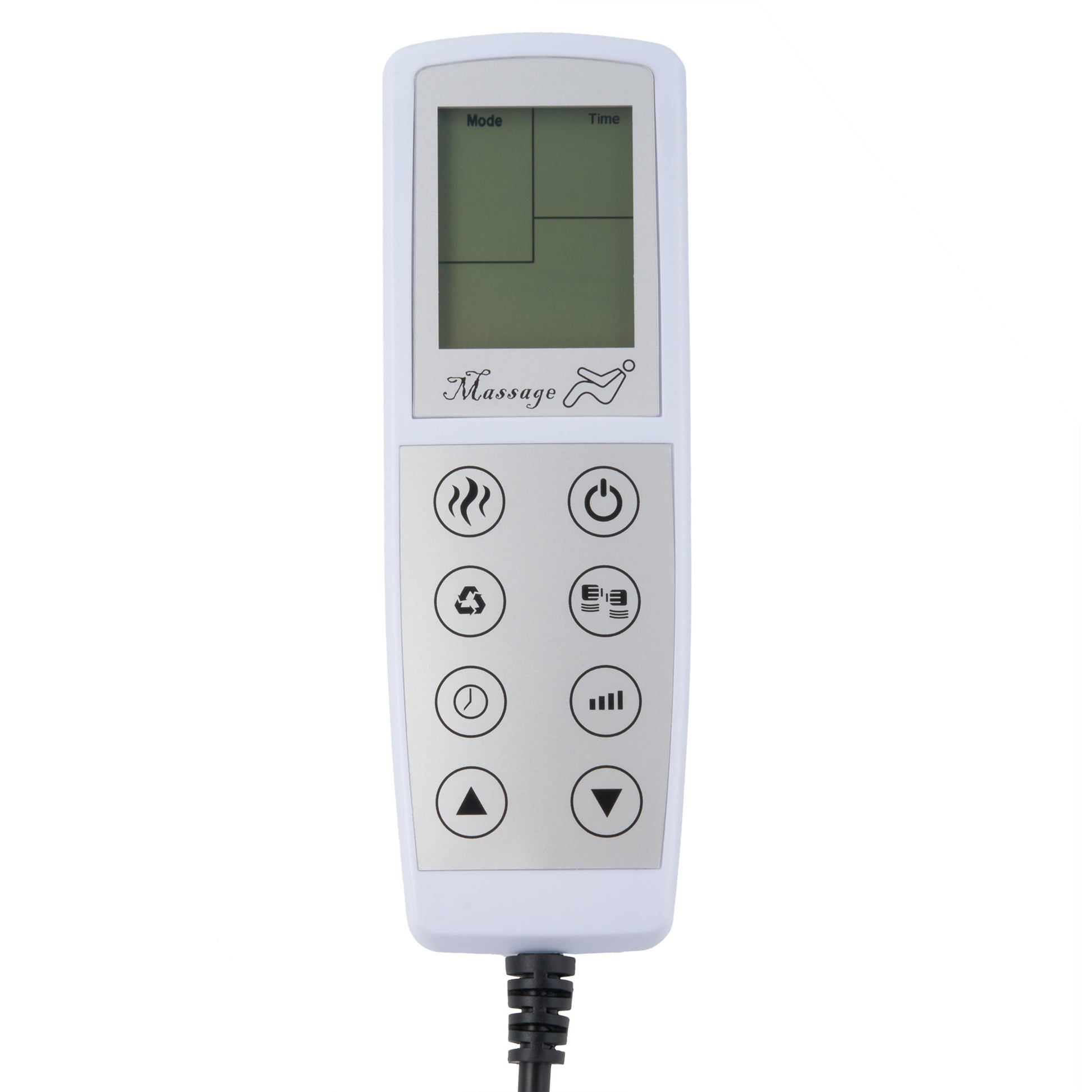 A white handheld electronic massage controller with a small LCD screen and six circular buttons, shown on a plain white background with a black power cord extending downward.