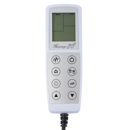 A white handheld electronic massage controller with a small LCD screen and six circular buttons, shown on a plain white background with a black power cord extending downward.