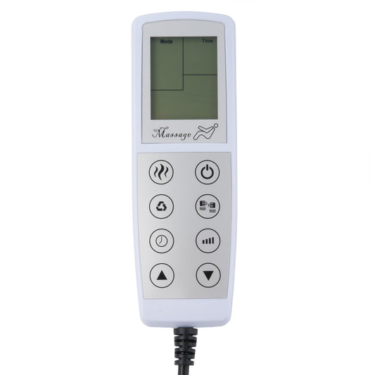 A white handheld electronic massage controller with a small LCD screen and six circular buttons, shown on a plain white background with a black power cord extending downward.