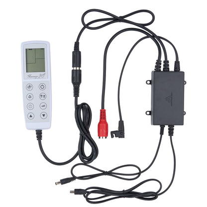 A wireless remote control system with a white remote, a black signal box, and multiple black cables, including a red connector, shown on a plain white background.