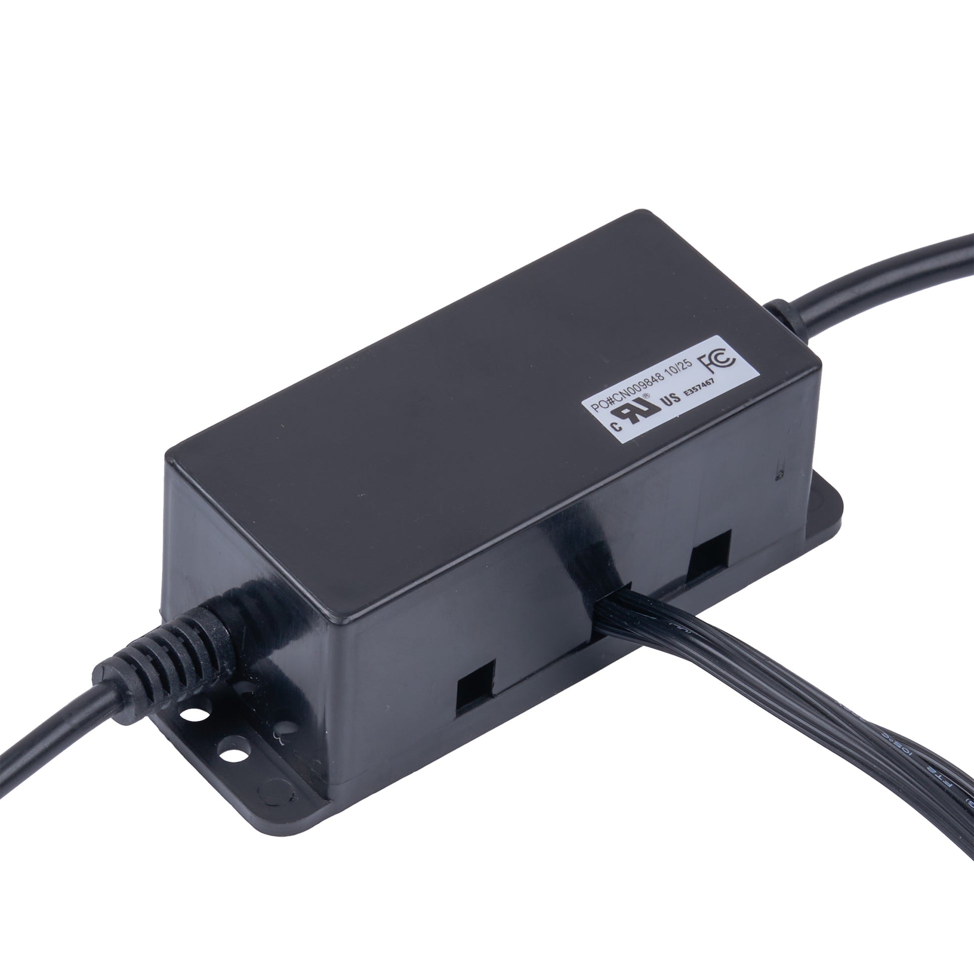 A black plastic electrical adapter or transformer box with attached black cables, shown on a plain white background.