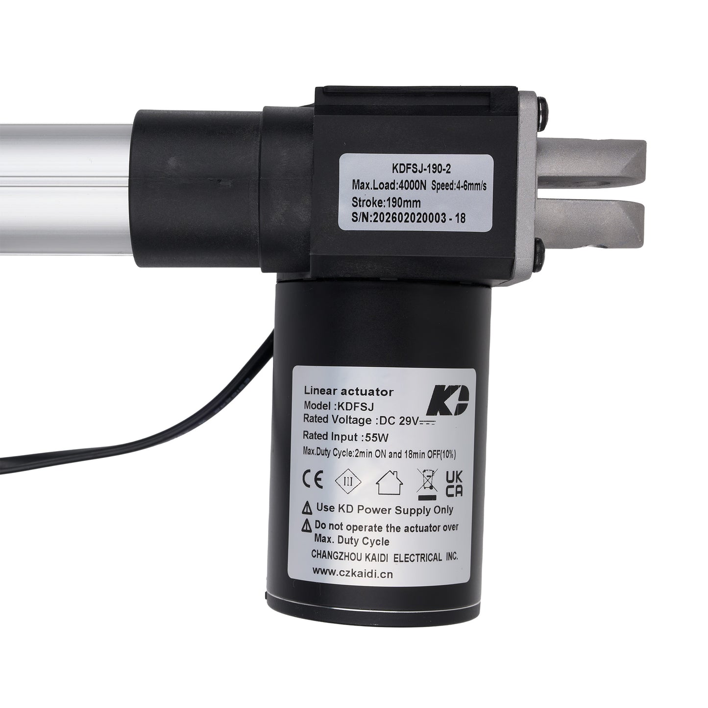 Linear actuator with specifications on a white background