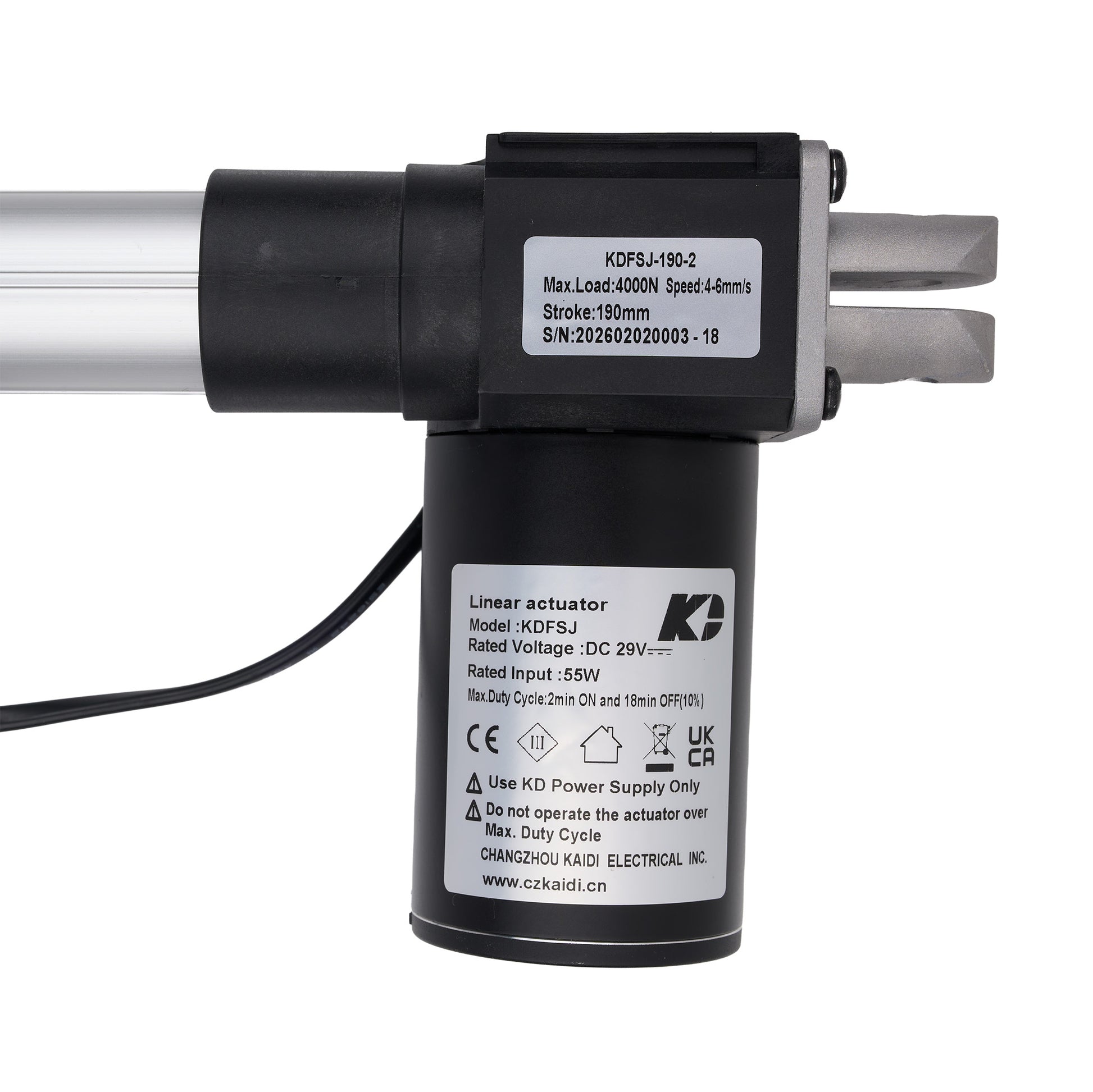 Linear actuator with specifications on a white background