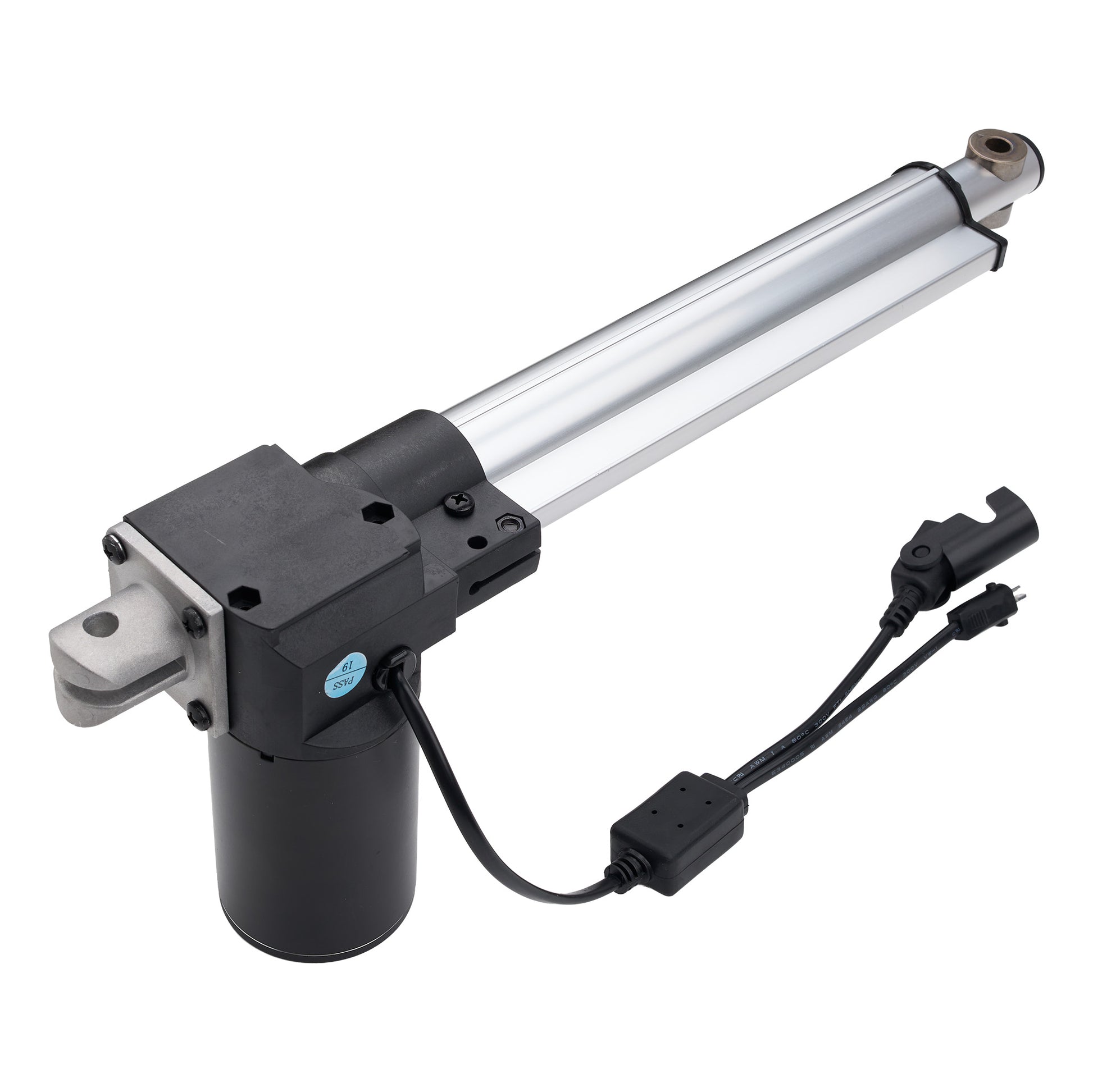 Linear actuator with cable connection on a white background