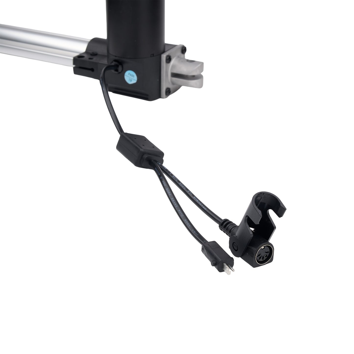 Mechanical arm with joints and cables on a white background