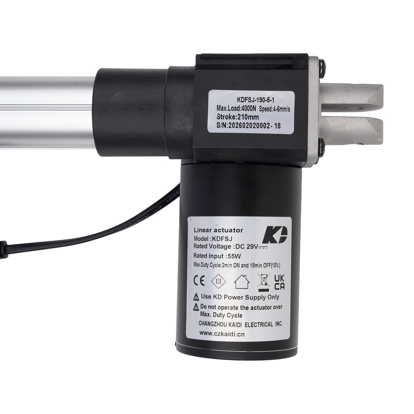 Linear actuator with visible branding and specifications on a white background