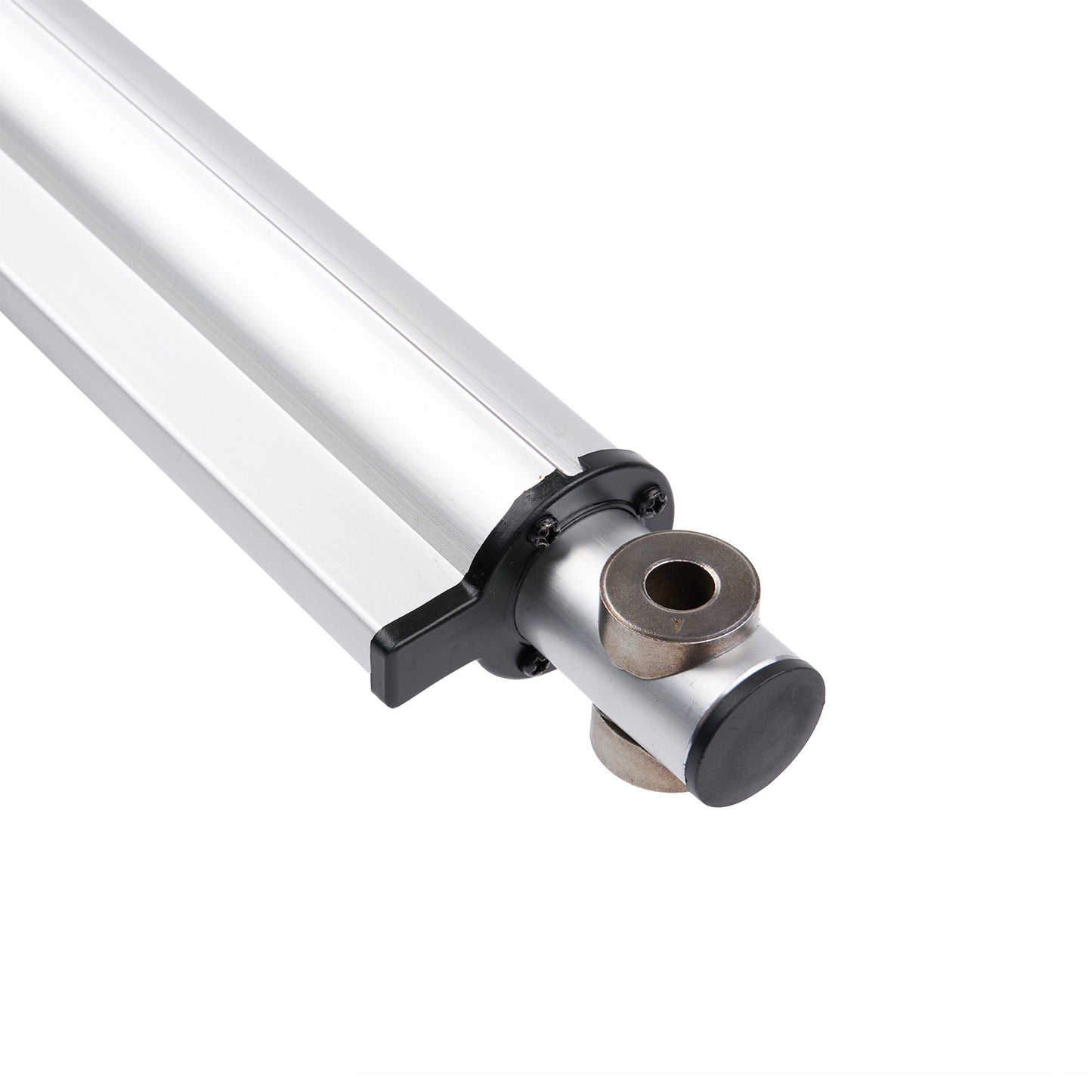 Metallic cylindrical object with a black and silver design on a white background