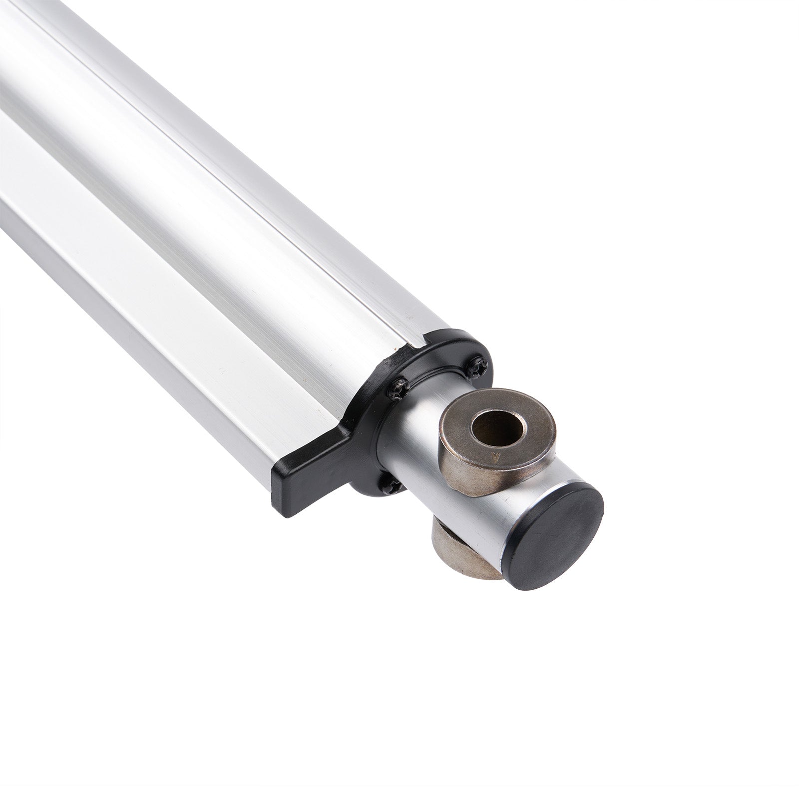 Metallic cylindrical object with a black and silver design on a white background