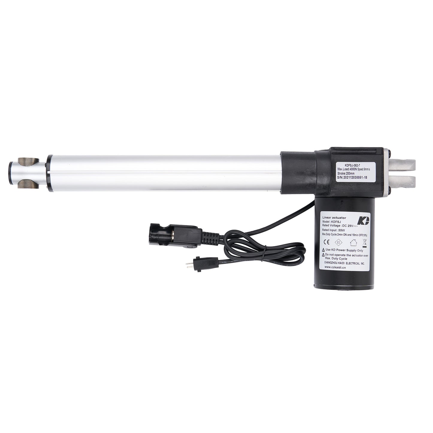 Linear actuator with power cable on a white background