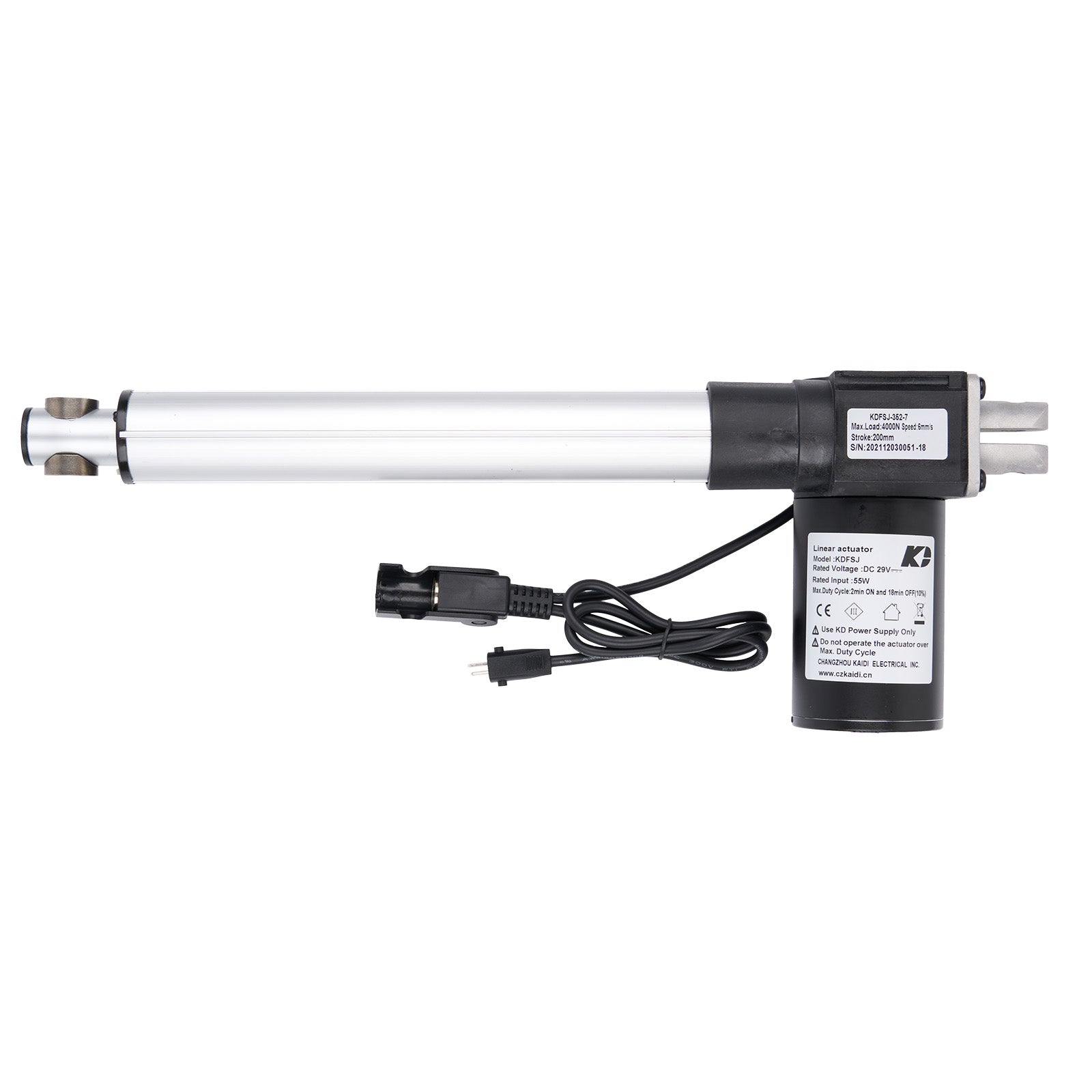 Linear actuator with power cable on a white background