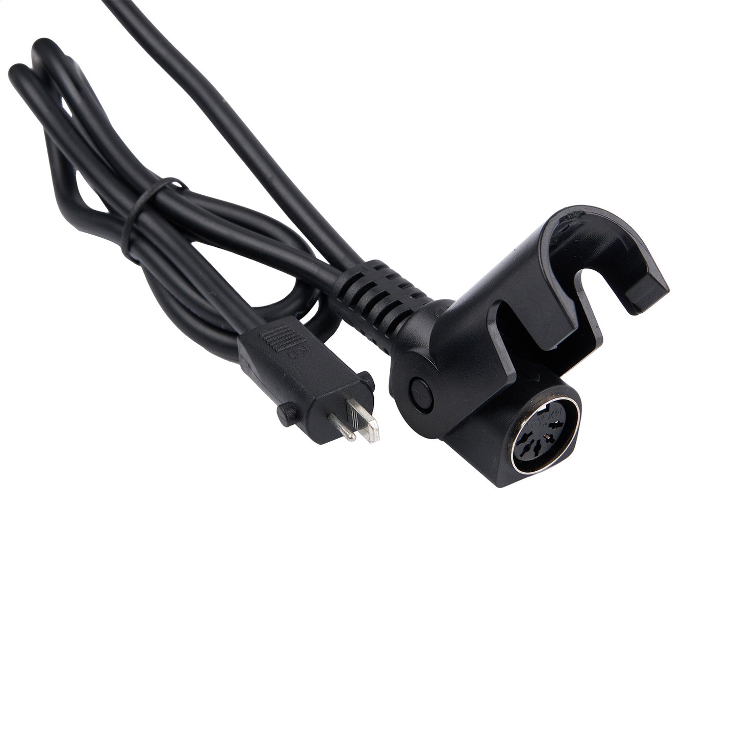 Black power adapter with cable on a white background