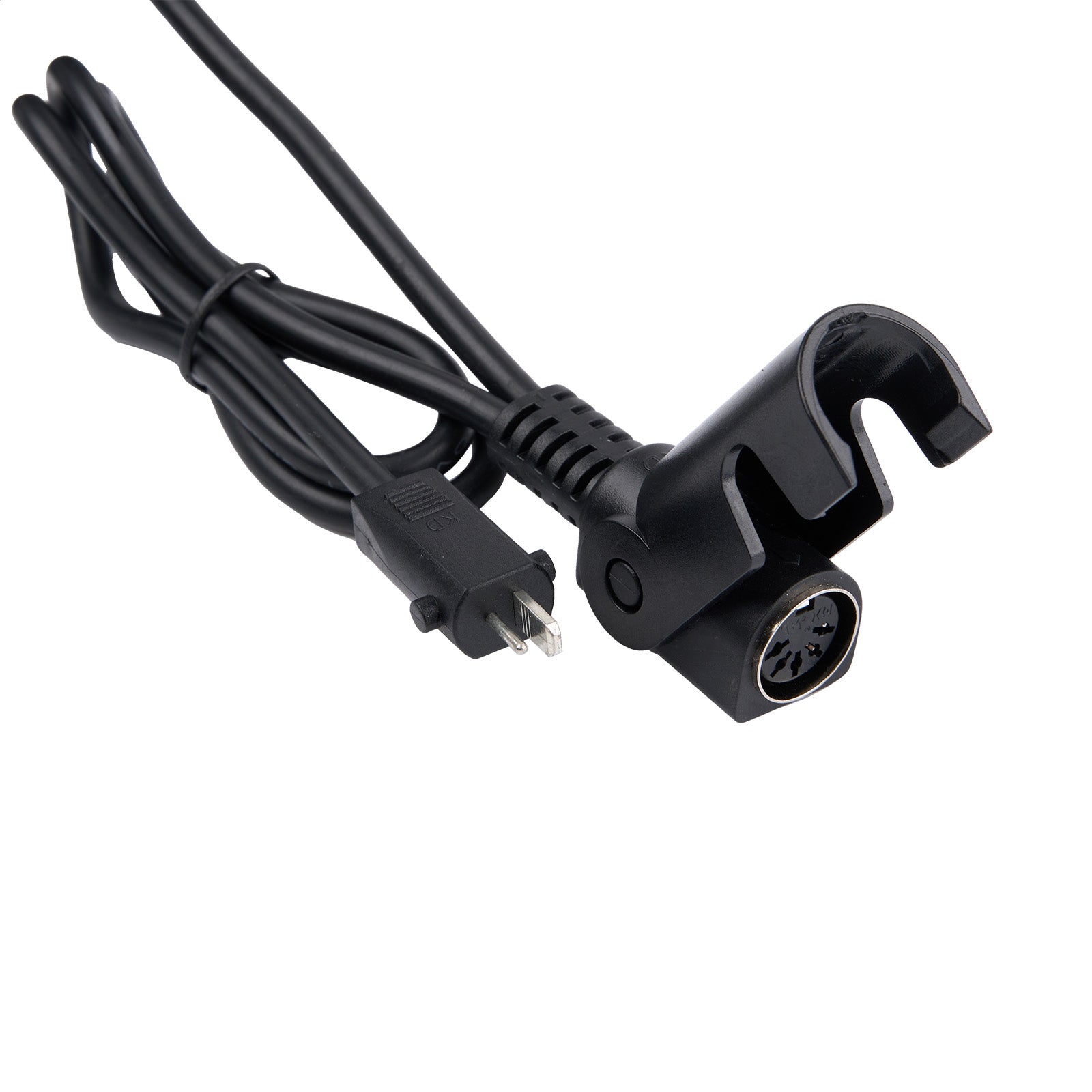 Black power adapter with cable on a white background