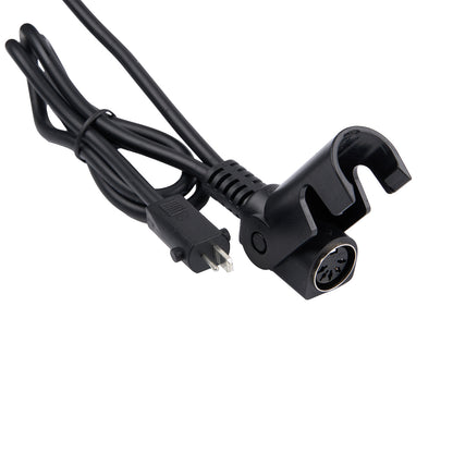 Black power adapter with cable on a white background
