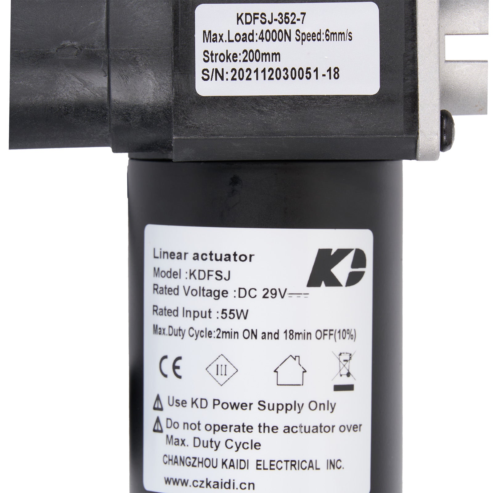 Linear actuator with specifications label on a white background