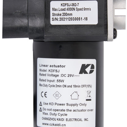 Linear actuator with specifications label on a white background