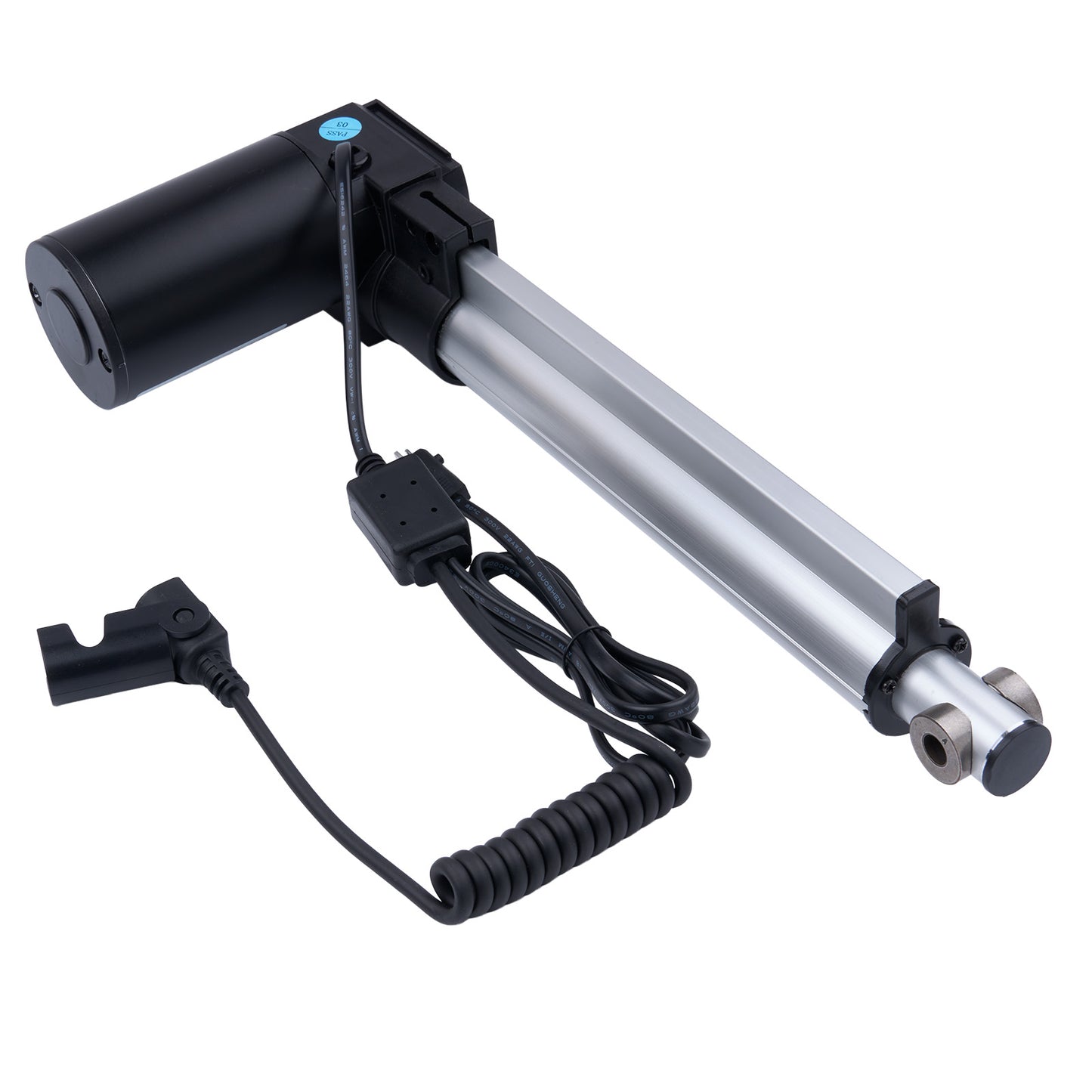 Electric linear actuator with black housing and coiled cable on a white background