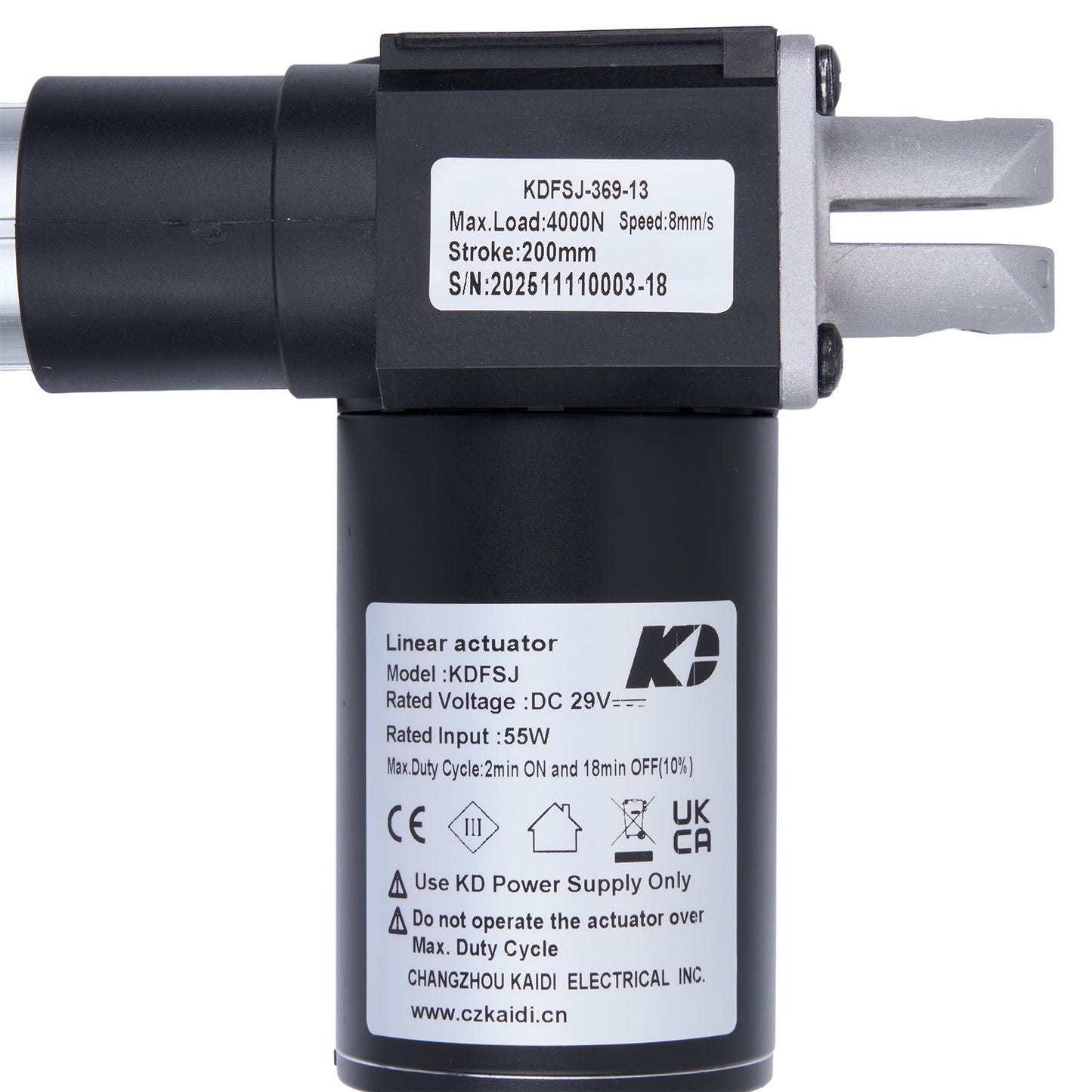 Linear actuator with technical specifications on a white background