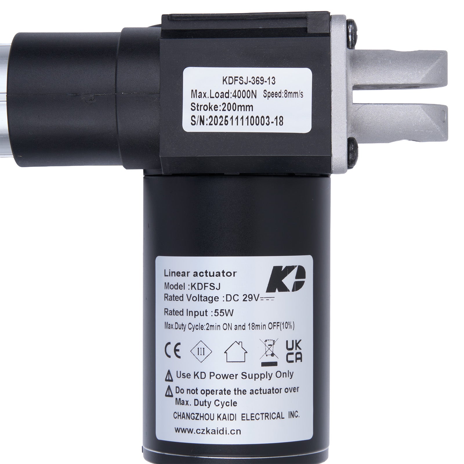 Linear actuator with technical specifications on a white background