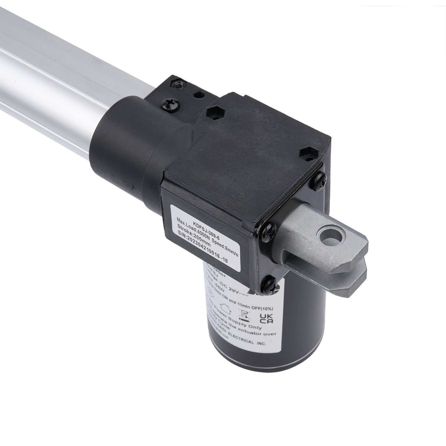 Mechanical component with a cylindrical black housing and metallic rod on a white background